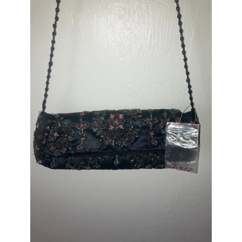 Vintage Y2K Black Beaded Satin Purse SPECIAL EVENT FORMAL PROM
